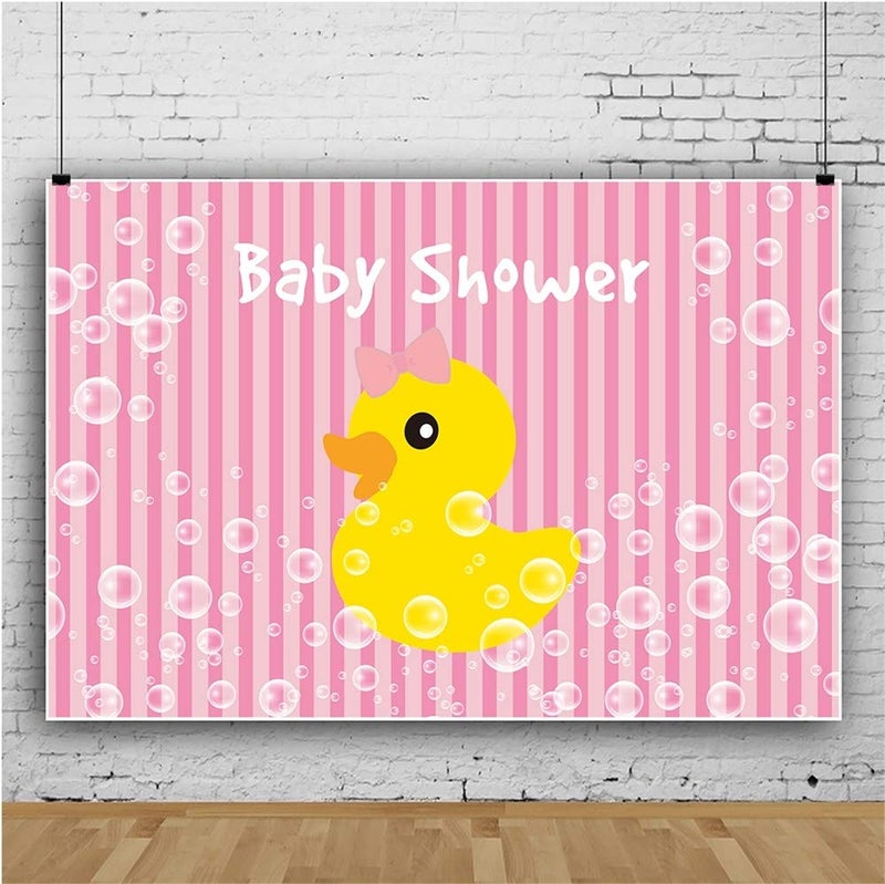 DORCEV 6x4ft Baby Shower Photography Backdrop Yellow Duck Theme Girls Baby Shower Background Cartoon Yellow Duck Pink Stripes Party Banner Girls Kids Baby Shower Photo Studio Props - Image 3